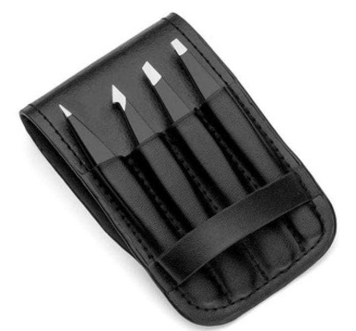 Eyebrow Tweezers Set of 4 Pcs with Black Raxine Pouch